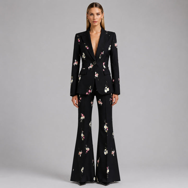 Floral Print Blazer and Flared Pants Set for Garden Parties and Elegant Style Women-Vyana Collective