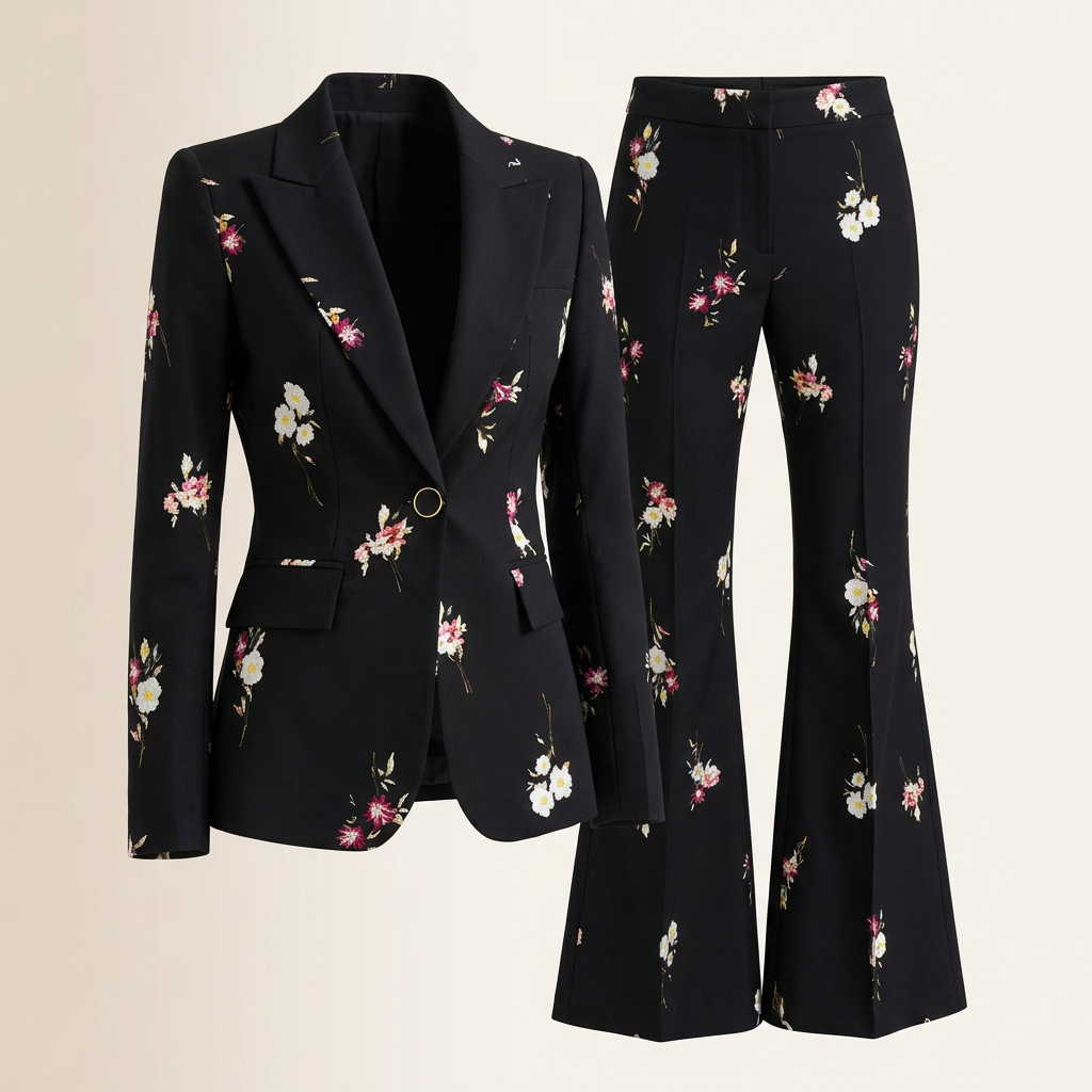Floral Print Blazer and Flared Pants Set for Garden Parties and Elegant Style Women-Vyana Collective