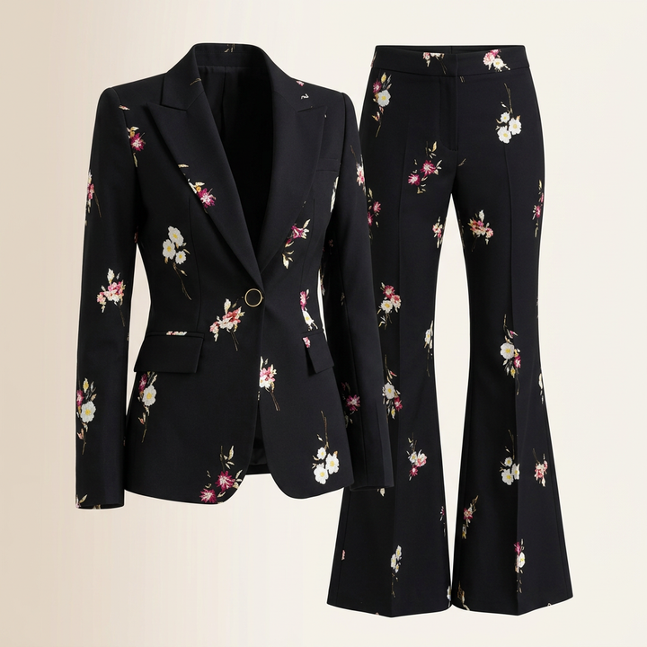 Floral Print Blazer and Flared Pants Set for Garden Parties and Elegant Style Women-Vyana Collective