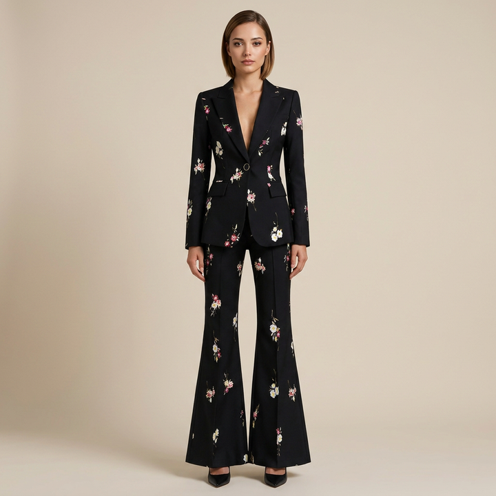 Floral Print Blazer and Flared Pants Set for Garden Parties and Elegant Style Women-Vyana Collective