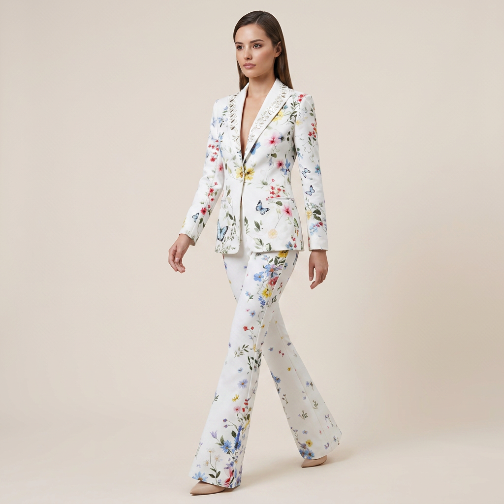 Floral Print Blazer and Wide Leg Pants Set for Meetings Ready and Spring Executive Style Women-Vyana Collective