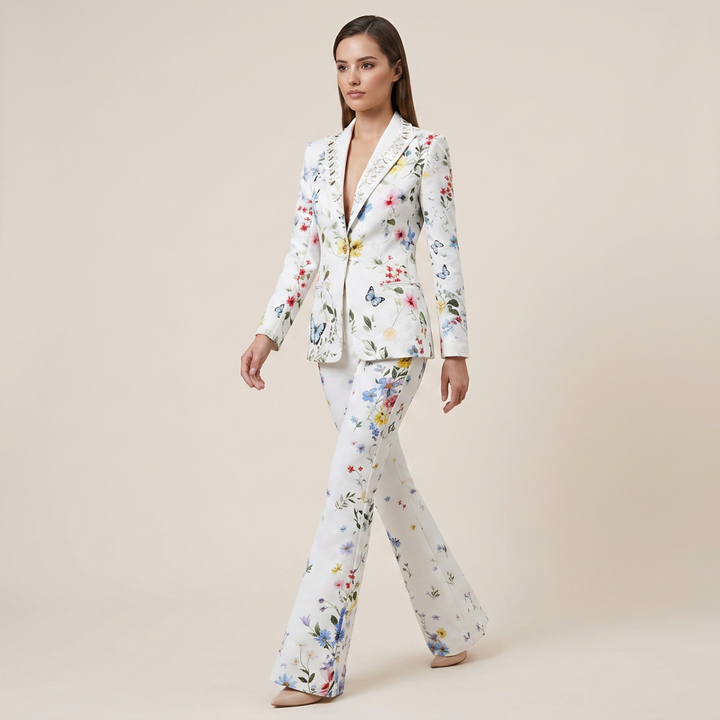 Floral Print Blazer and Wide Leg Pants Set for Meetings Ready and Spring Executive Style Women-Vyana Collective
