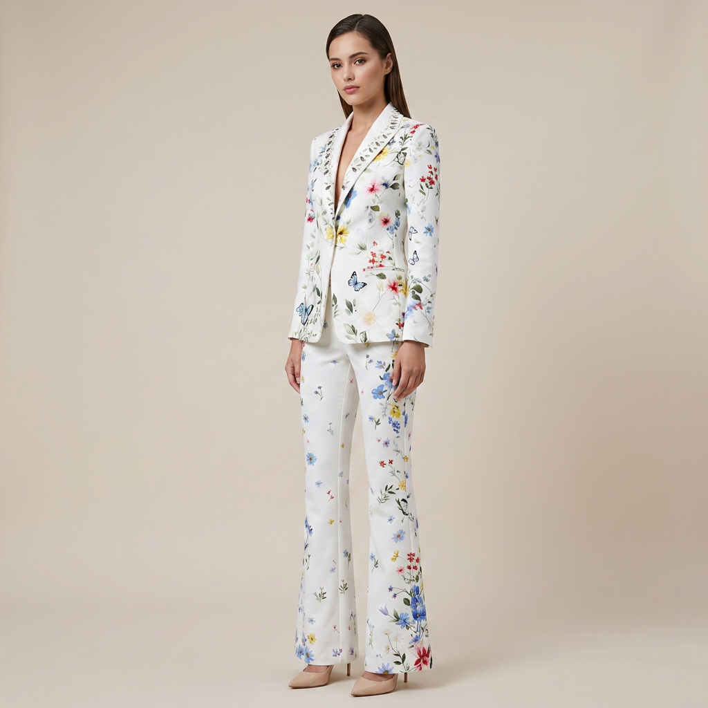 Floral Print Blazer and Wide Leg Pants Set for Meetings Ready and Spring Executive Style Women-Vyana Collective