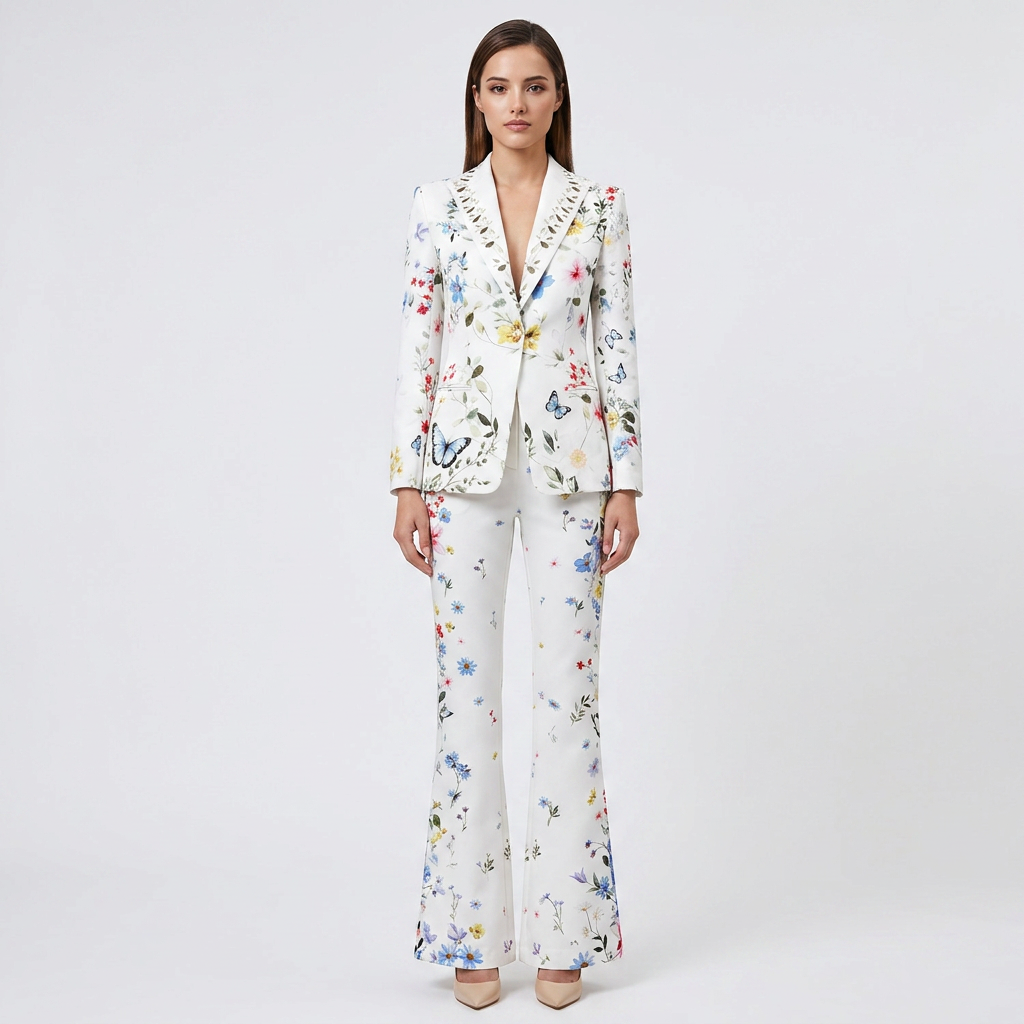 Floral Print Blazer and Wide Leg Pants Set for Meetings Ready and Spring Executive Style Women-Vyana Collective