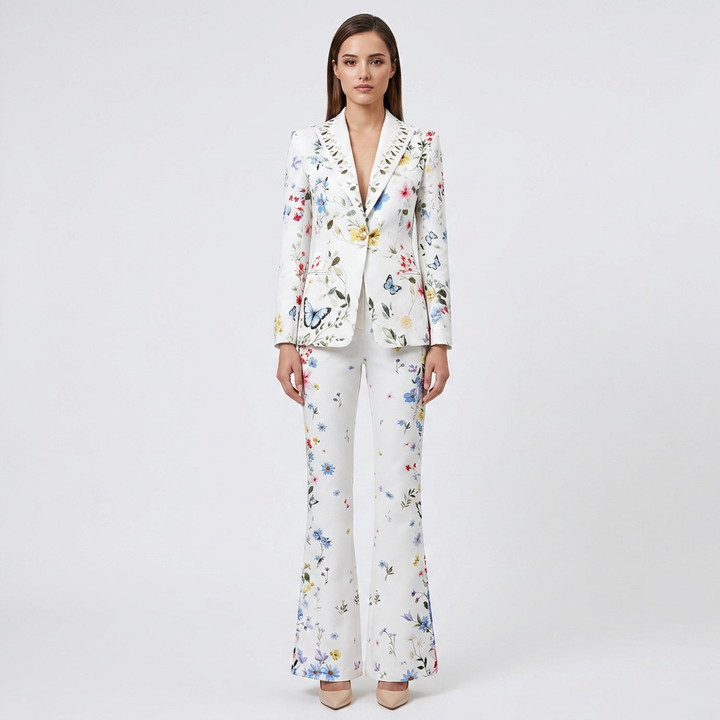 Floral Print Blazer and Wide Leg Pants Set for Meetings Ready and Spring Executive Style Women-Vyana Collective