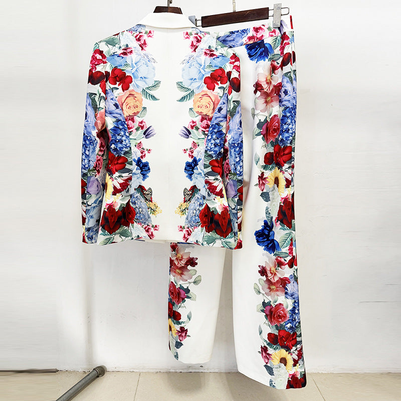 Floral Print Blazer and Wide Leg Pants Suit Set for Office Style Women-Vyana Collective
