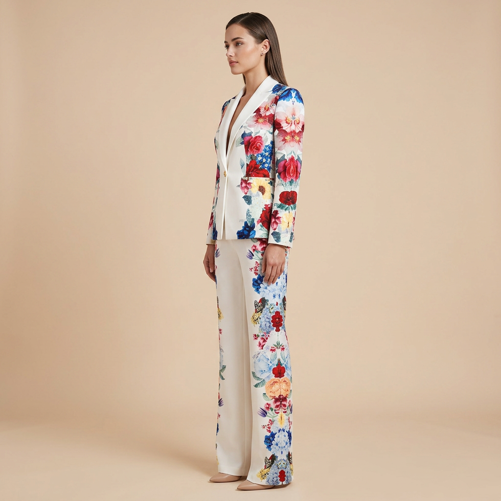 Floral Print Blazer and Wide Leg Pants Suit Set for Office Style Women-Vyana Collective