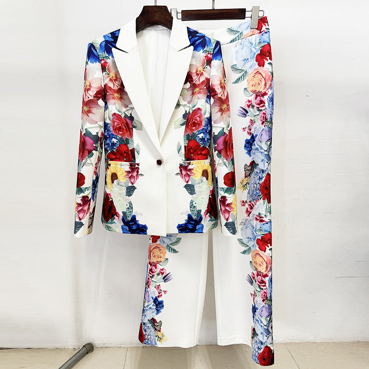 Floral Print Blazer and Wide Leg Pants Suit Set for Office Style Women-Vyana Collective