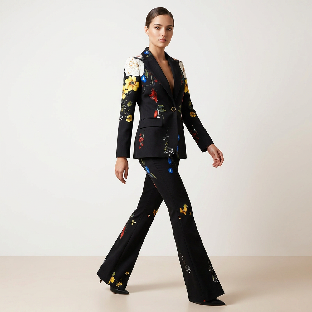 Floral Print One Button Blazer and Flared Pants Suit Set for Statement Evening Style Women-Vyana Collective