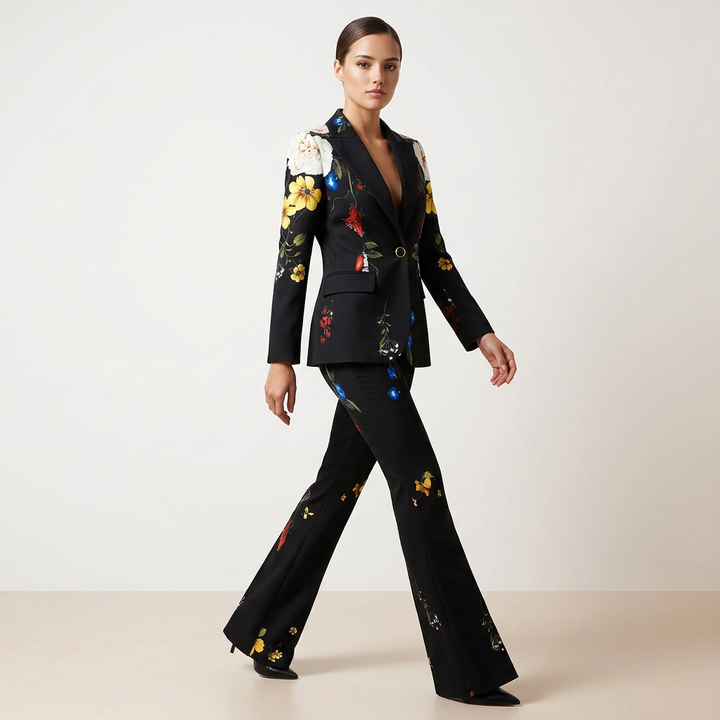 Floral Print One Button Blazer and Flared Pants Suit Set for Statement Evening Style Women-Vyana Collective