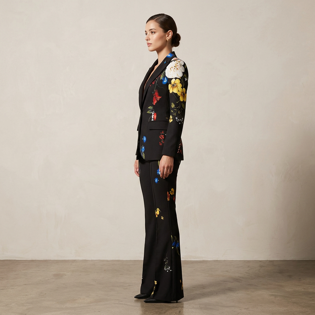 Floral Print One Button Blazer and Flared Pants Suit Set for Statement Evening Style Women-Vyana Collective