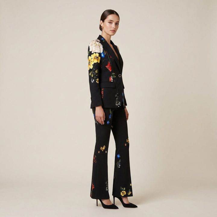 Floral Print One Button Blazer and Flared Pants Suit Set for Statement Evening Style Women-Vyana Collective