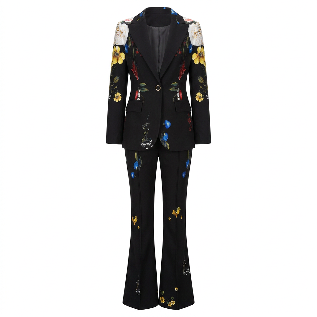 Floral Print One Button Blazer and Flared Pants Suit Set for Statement Evening Style Women-Vyana Collective