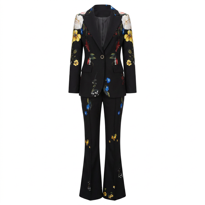 Floral Print One Button Blazer and Flared Pants Suit Set for Statement Evening Style Women-Vyana Collective
