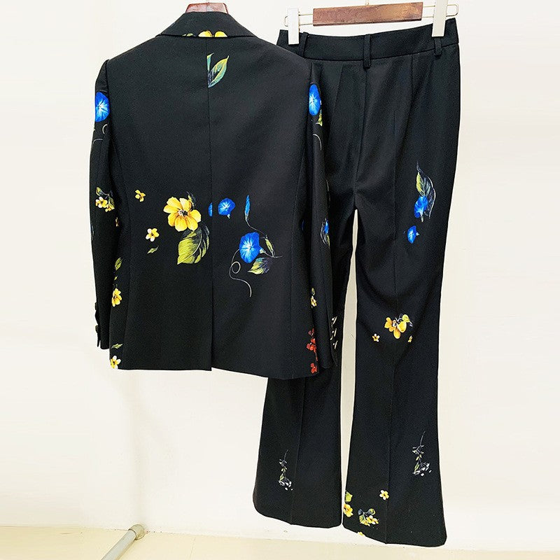 Floral Print One Button Blazer and Flared Pants Suit Set for Statement Evening Style Women-Vyana Collective