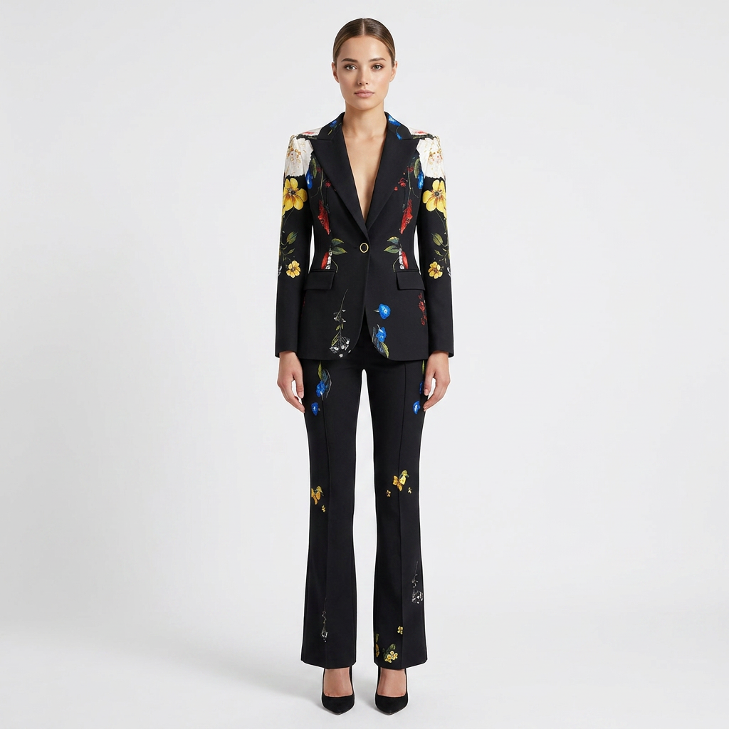 Floral Print One Button Blazer and Flared Pants Suit Set for Statement Evening Style Women-Vyana Collective