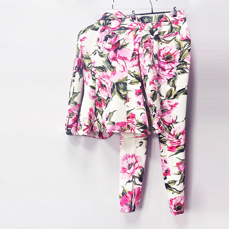 Floral Print One-Button Blazer and Straight Leg Pants Set for Friday Night Vibes Women-Vyana Collective