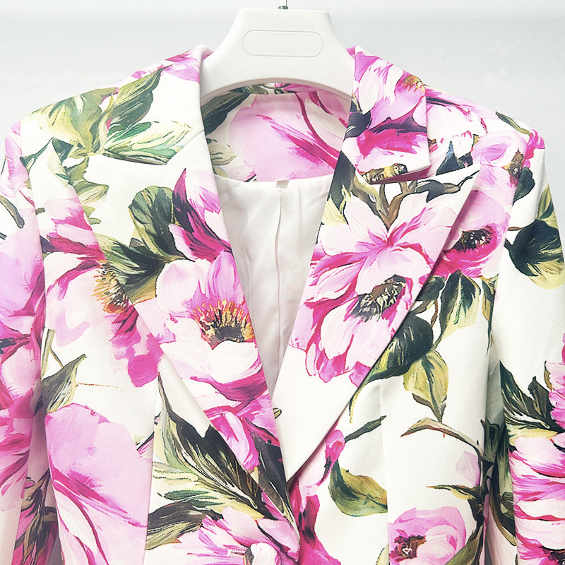 Floral Print One-Button Blazer and Straight Leg Pants Set for Friday Night Vibes Women-Vyana Collective