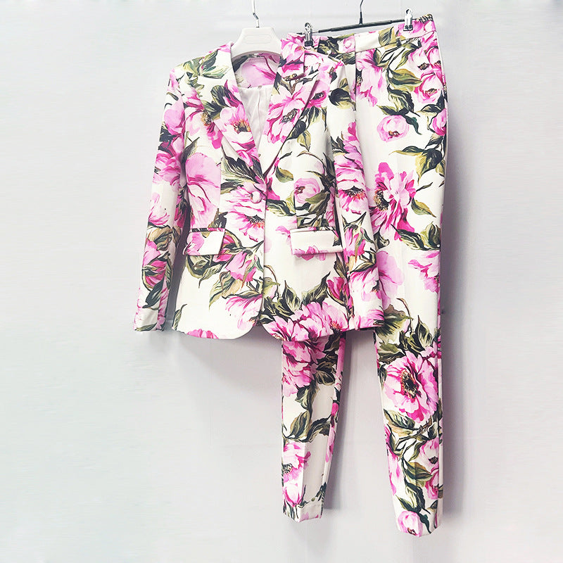 Floral Print One-Button Blazer and Straight Leg Pants Set for Friday Night Vibes Women-Vyana Collective