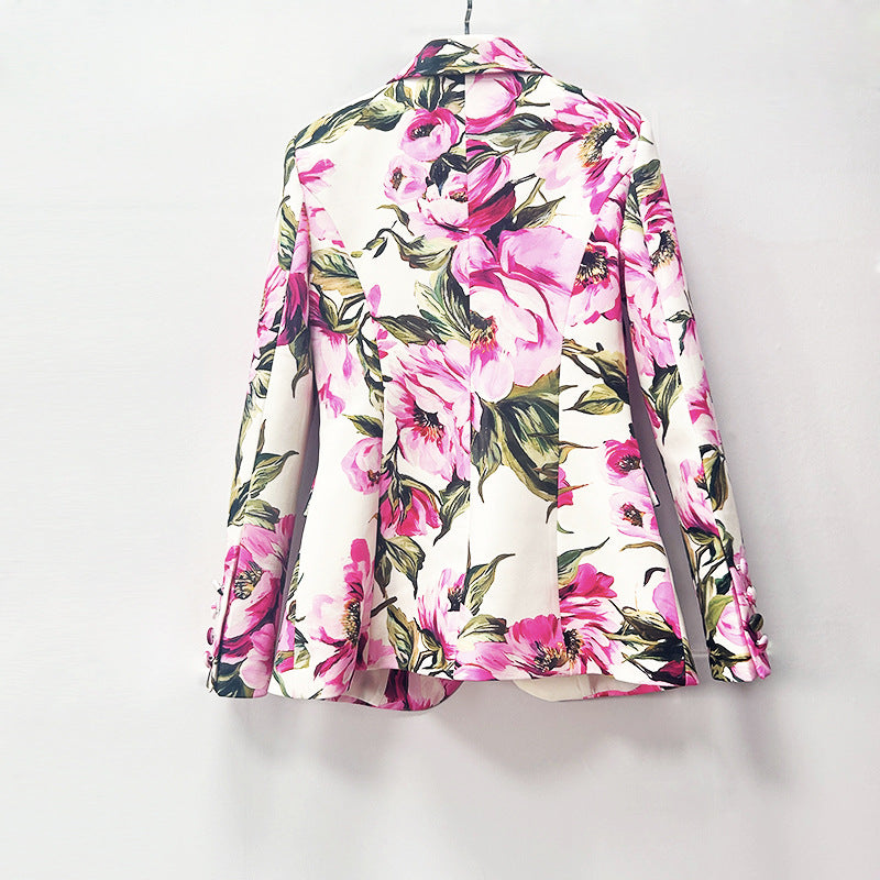 Floral Print One-Button Blazer and Straight Leg Pants Set for Friday Night Vibes Women-Vyana Collective