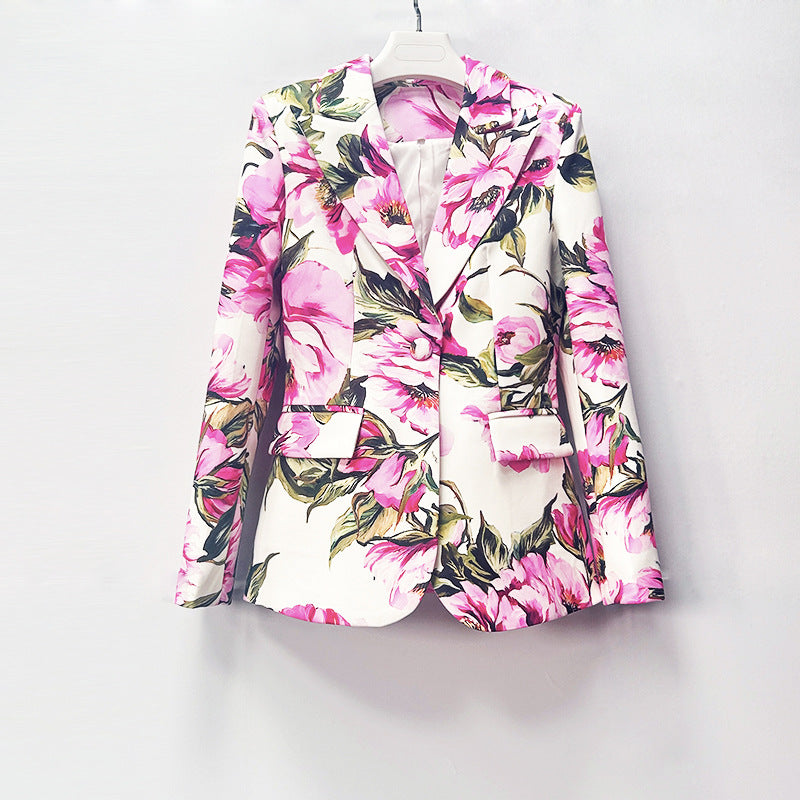 Floral Print One-Button Blazer and Straight Leg Pants Set for Friday Night Vibes Women-Vyana Collective