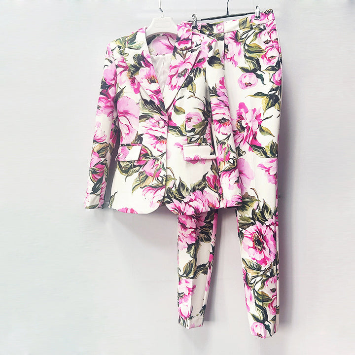 Floral Print One-Button Blazer and Straight Leg Pants Set for Friday Night Vibes Women-Vyana Collective