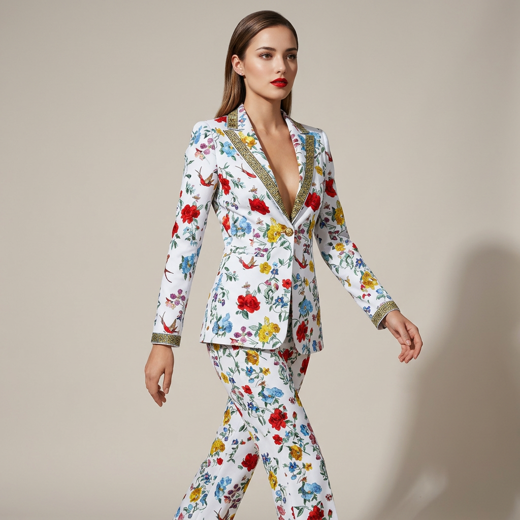 Floral Print One Button Blazer and Straight Leg Pants Set for Statement Office Style Women-Vyana Collective
