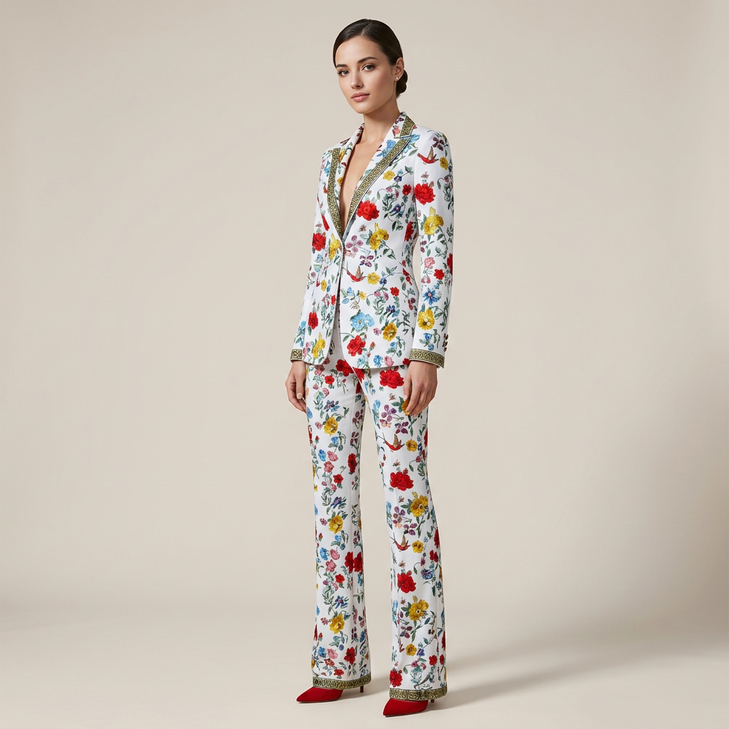 Floral Print One Button Blazer and Straight Leg Pants Set for Statement Office Style Women-Vyana Collective