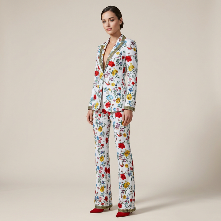 Floral Print One Button Blazer and Straight Leg Pants Set for Statement Office Style Women-Vyana Collective