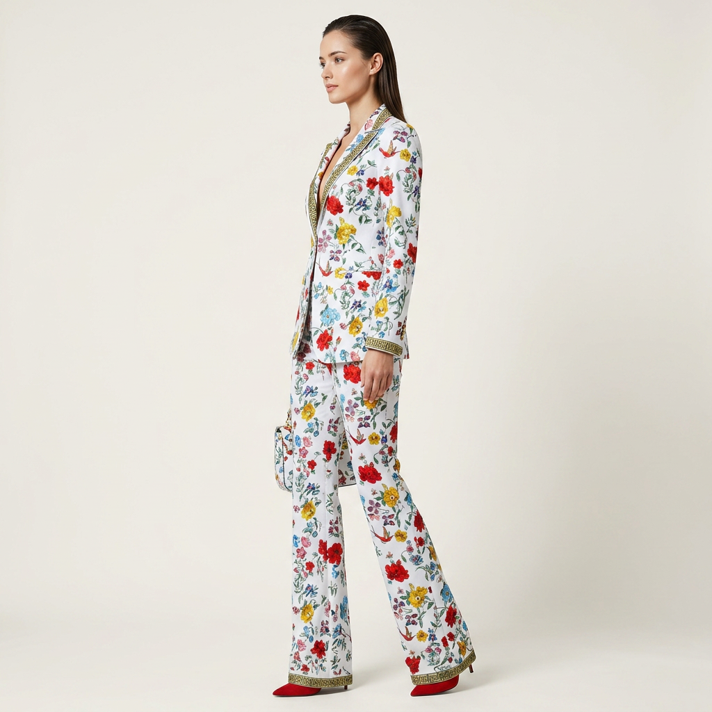 Floral Print One Button Blazer and Straight Leg Pants Set for Statement Office Style Women-Vyana Collective
