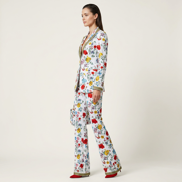 Floral Print One Button Blazer and Straight Leg Pants Set for Statement Office Style Women-Vyana Collective