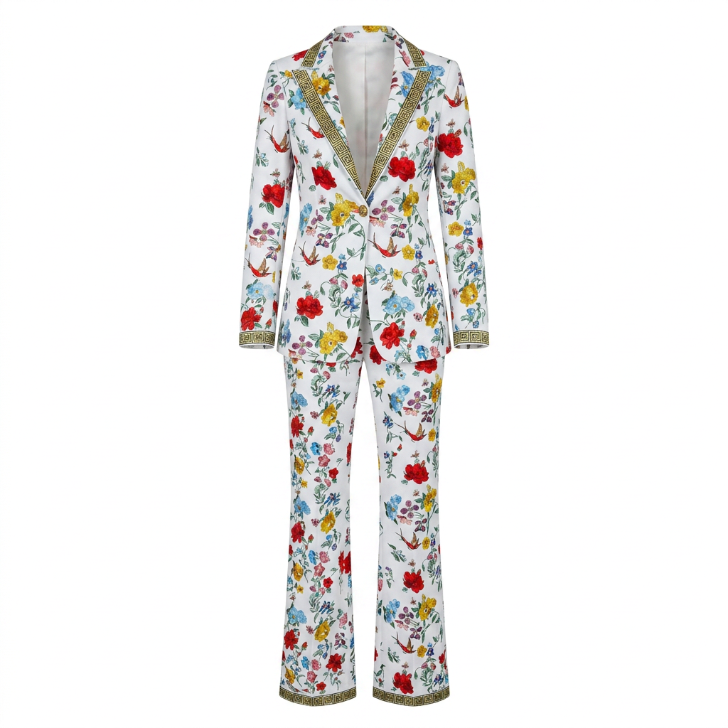 Floral Print One Button Blazer and Straight Leg Pants Set for Statement Office Style Women-Vyana Collective