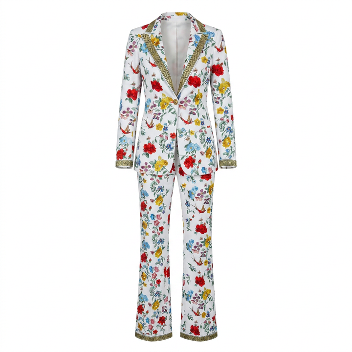 Floral Print One Button Blazer and Straight Leg Pants Set for Statement Office Style Women-Vyana Collective