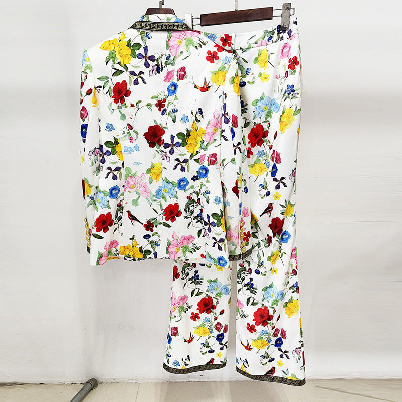 Floral Print One Button Blazer and Straight Leg Pants Set for Statement Office Style Women-Vyana Collective