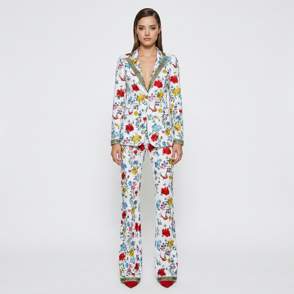 Floral Print One Button Blazer and Straight Leg Pants Set for Statement Office Style Women-Vyana Collective