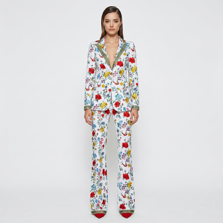 Floral Print One Button Blazer and Straight Leg Pants Set for Statement Office Style Women-Vyana Collective