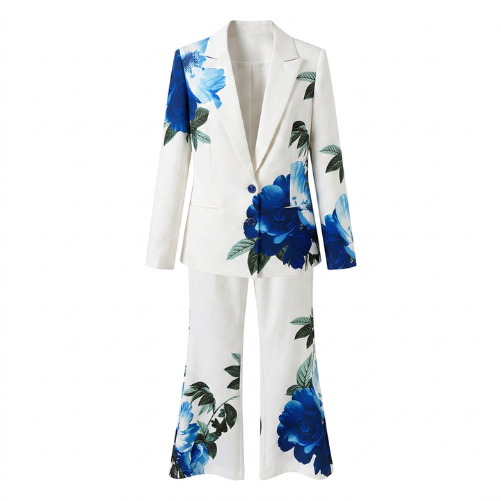 Floral Print Tailored Blazer and Flared Pants Suit Set for Friday Night Vibes and Statement Elegance Women-Vyana Collective