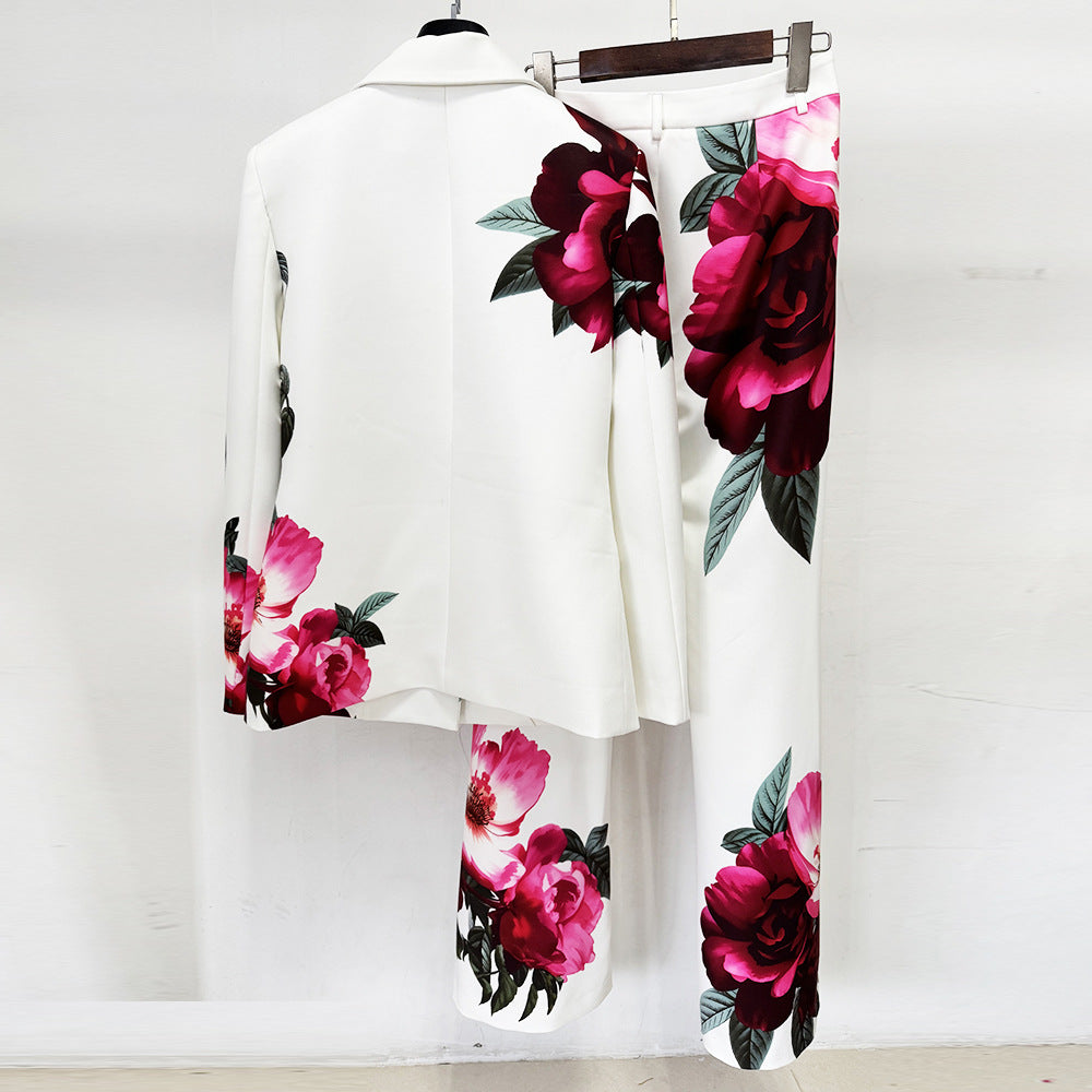 Floral Print Tailored Blazer and Flared Pants Suit Set for Friday Night Vibes and Statement Elegance Women-Vyana Collective