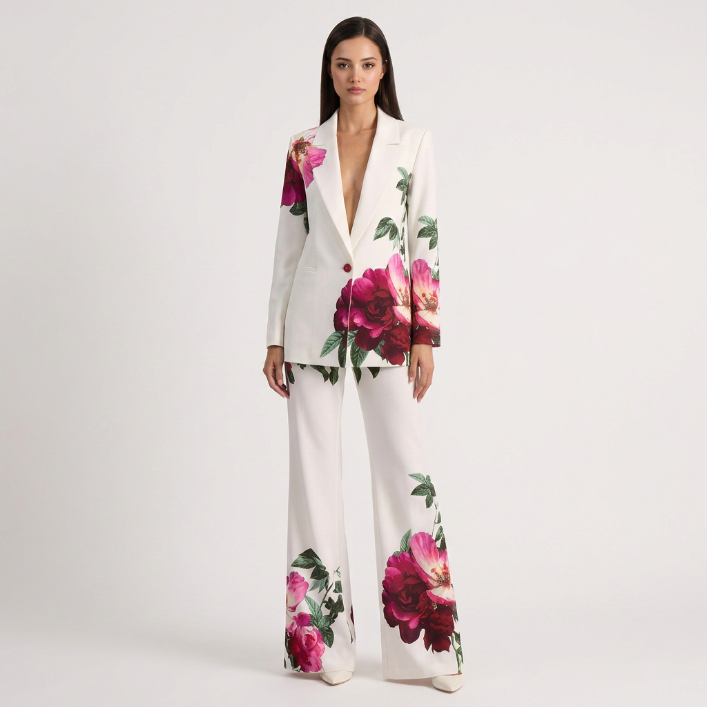 Floral Print Tailored Blazer and Flared Pants Suit Set for Friday Night Vibes and Statement Elegance Women-Vyana Collective