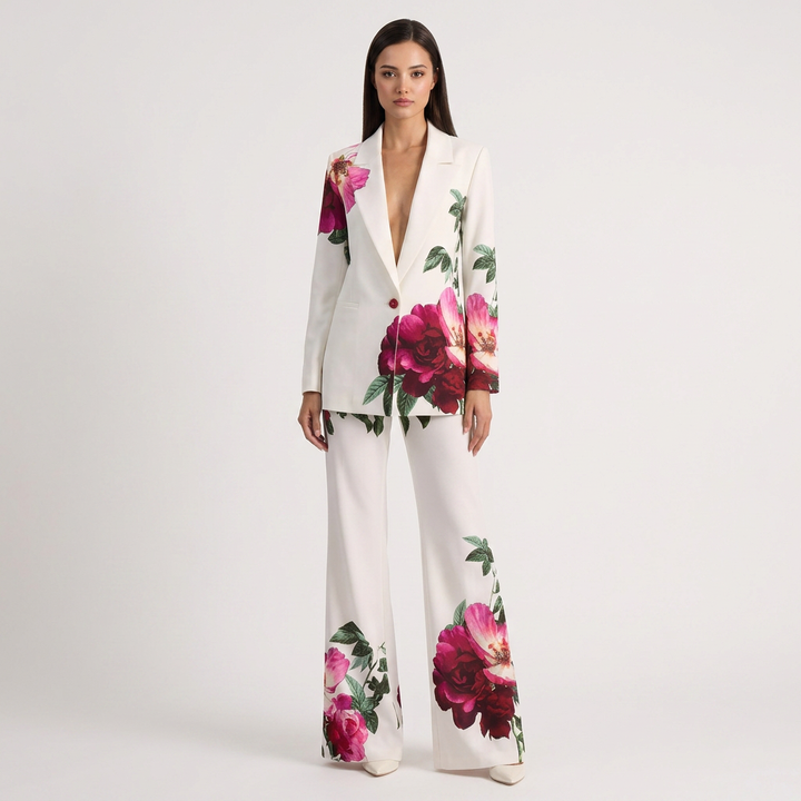 Floral Print Tailored Blazer and Flared Pants Suit Set for Friday Night Vibes and Statement Elegance Women-Vyana Collective