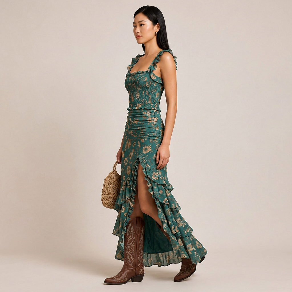 Floral Ruffle Trim Maxi Dress with High Side Slit for Vacation Getaways and Summer Escapes Women-Vyana Collective