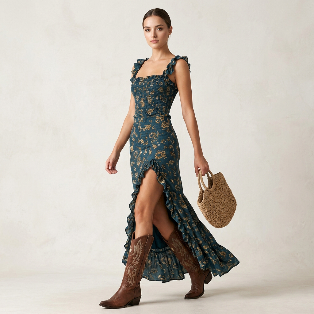 Floral Ruffle Trim Maxi Dress with High Side Slit for Vacation Getaways and Summer Escapes Women-Vyana Collective