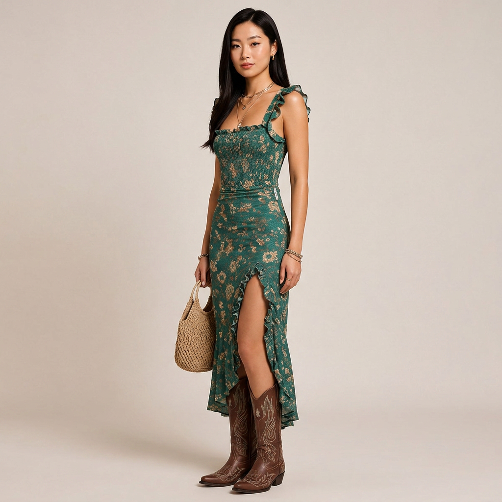 Floral Ruffle Trim Maxi Dress with High Side Slit for Vacation Getaways and Summer Escapes Women-Vyana Collective