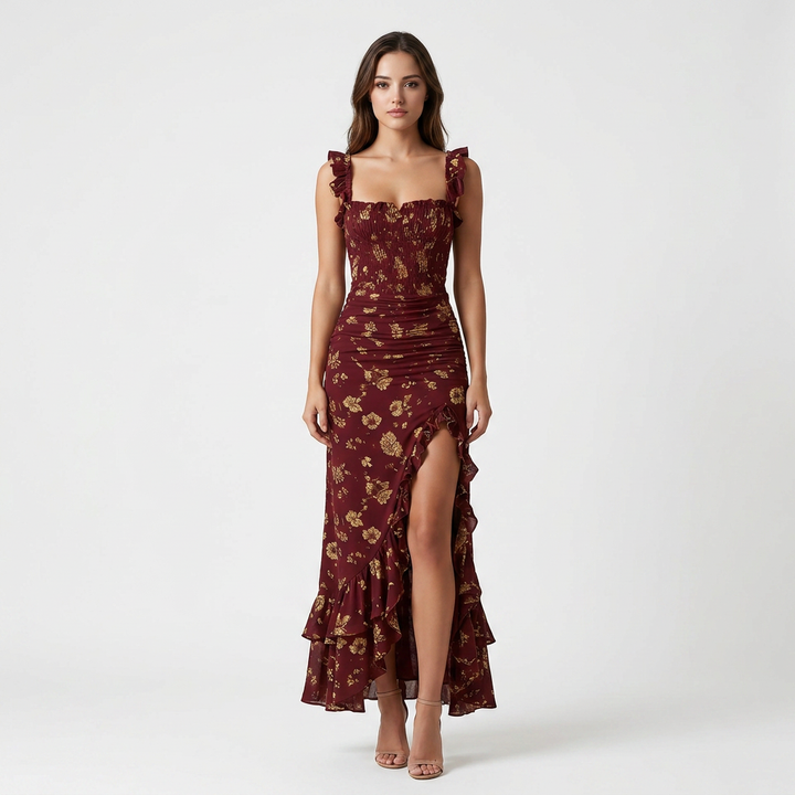 Floral Ruffle Trim Maxi Dress with High Side Slit for Vacation Getaways and Summer Escapes Women-Vyana Collective