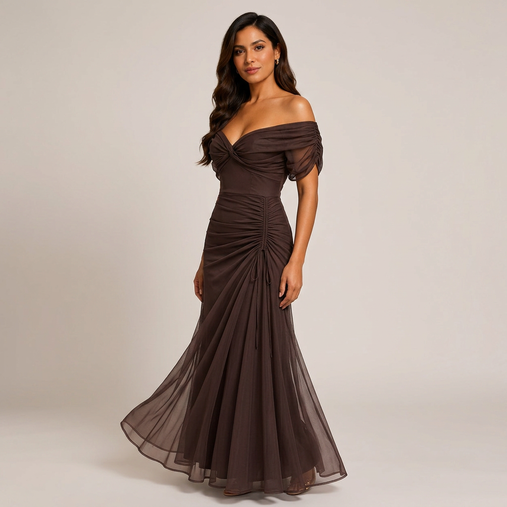 Flutter Sleeve Ruched Maxi Dress for Weddings and Elegant Evening Events Women-Vyana Collective