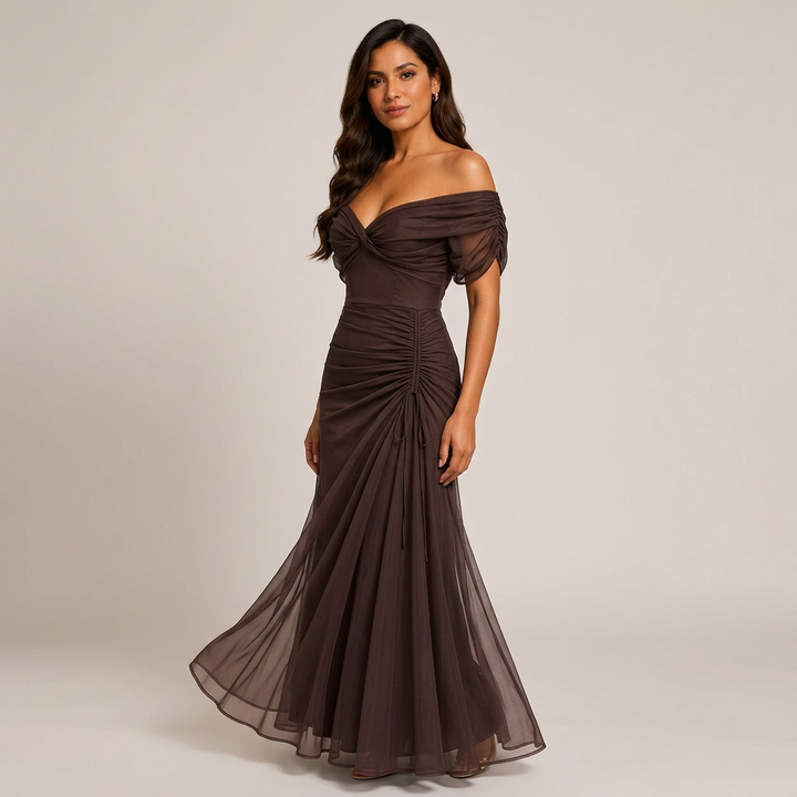 Flutter Sleeve Ruched Maxi Dress for Weddings and Elegant Evening Events Women-Vyana Collective