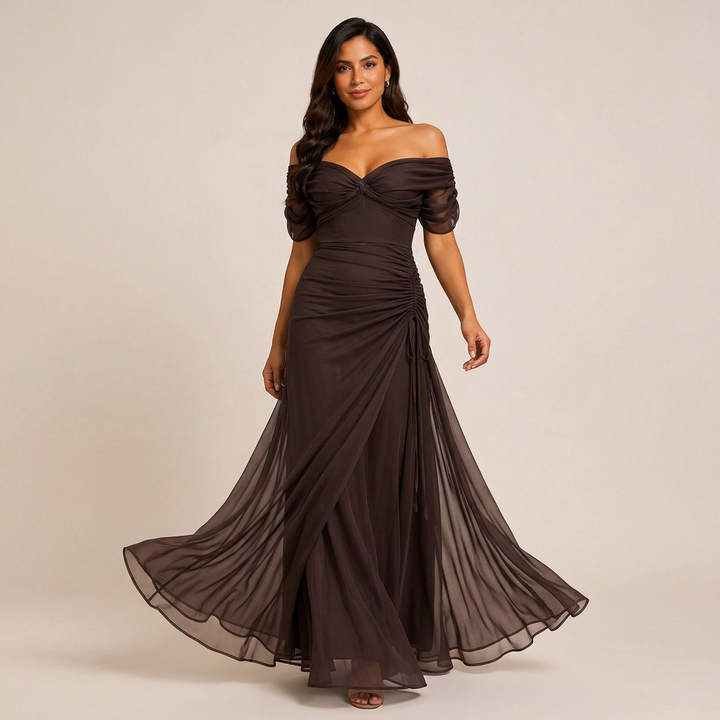 Flutter Sleeve Ruched Maxi Dress for Weddings and Elegant Evening Events Women-Vyana Collective
