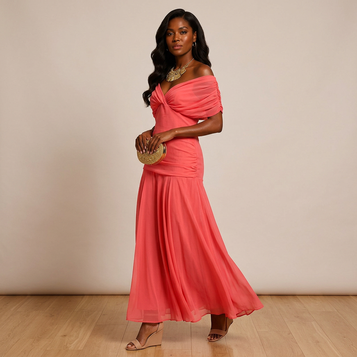 Flutter Sleeve Ruched Maxi Dress for Weddings and Elegant Evening Events Women-Vyana Collective