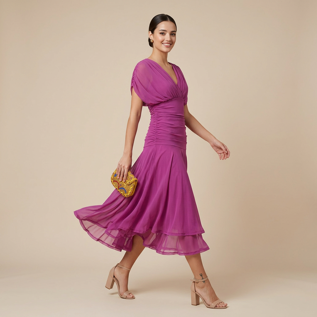 Flutter Sleeve Ruched Maxi Dress for Weddings and Elegant Evening Events Women-Vyana Collective