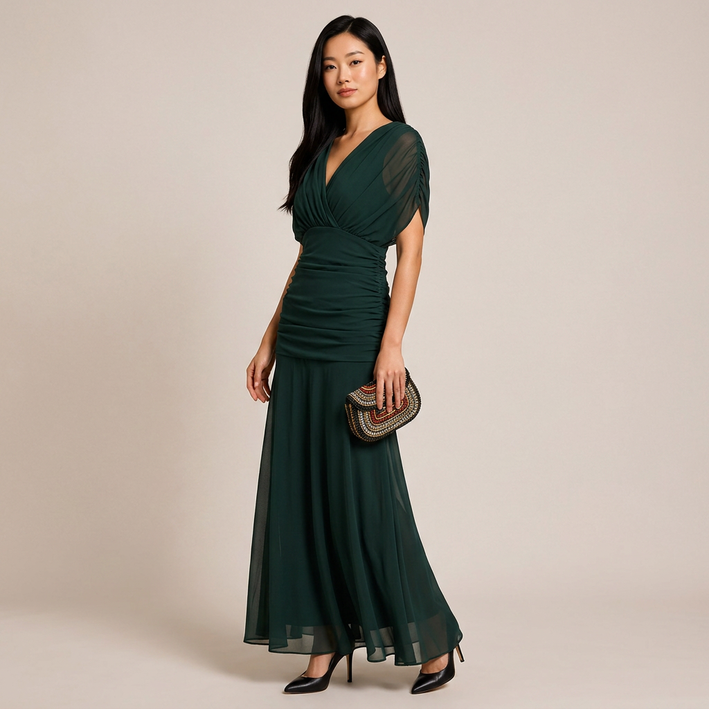 Flutter Sleeve Ruched Maxi Dress for Weddings and Elegant Evening Events Women-Vyana Collective